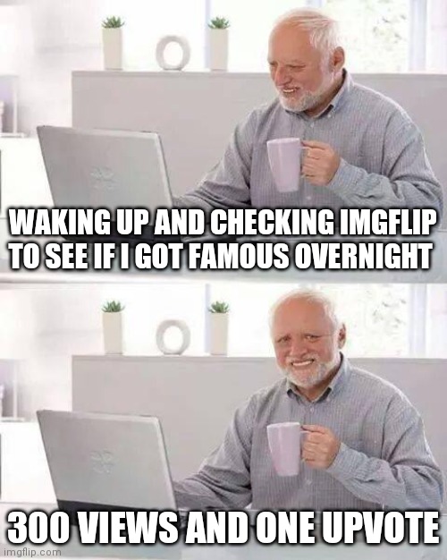 why you bully me | WAKING UP AND CHECKING IMGFLIP TO SEE IF I GOT FAMOUS OVERNIGHT; 300 VIEWS AND ONE UPVOTE | image tagged in memes,hide the pain harold,funny,fun | made w/ Imgflip meme maker