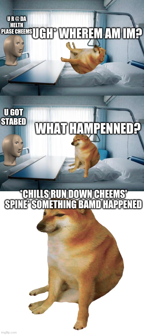 Cheems story s2 pt2 | U R @ DA HELTH PLASE CHEEMS; *UGH* WHEREM AM IM? U GOT STABED; WHAT HAMPENNED? *CHILLS RUN DOWN CHEEMS' SPINE* SOMETHING BAMD HAPPENED | image tagged in hospital bed,cheems | made w/ Imgflip meme maker