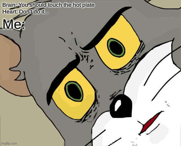 Unsettled Tom | Brain: You should touch the hot plate
Heart: Don't do it... Me: | image tagged in memes,unsettled tom | made w/ Imgflip meme maker