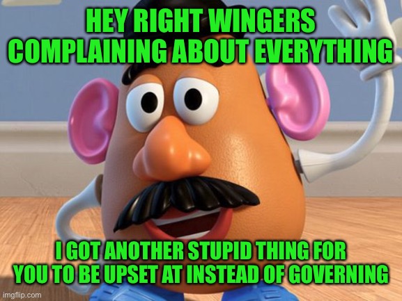 The crap that sends them into fits of (false) rage is entertaining, but I’m exhausted from laughing at them | HEY RIGHT WINGERS COMPLAINING ABOUT EVERYTHING; I GOT ANOTHER STUPID THING FOR YOU TO BE UPSET AT INSTEAD OF GOVERNING | image tagged in mr potato head | made w/ Imgflip meme maker