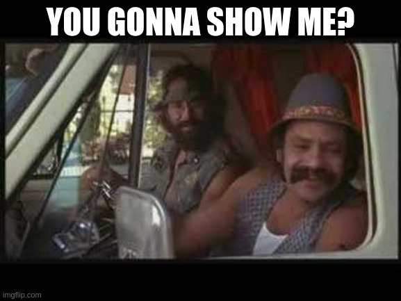 whe someone says they have a joint | YOU GONNA SHOW ME? | image tagged in cheech and chong | made w/ Imgflip meme maker