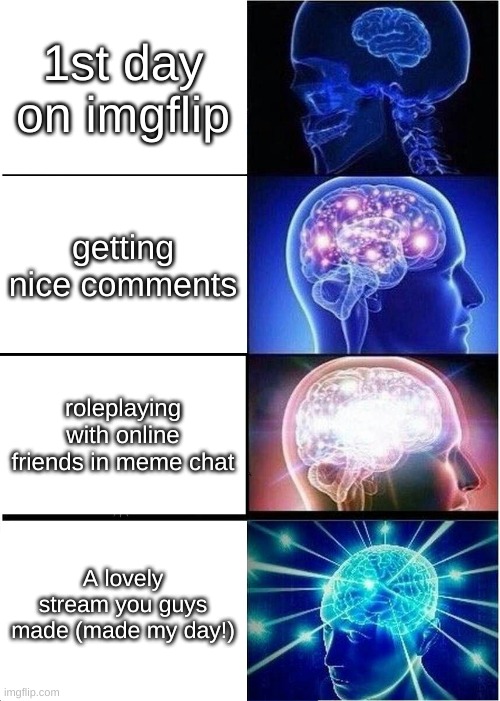 Expanding Brain |  1st day on imgflip; getting nice comments; roleplaying with online friends in meme chat; A lovely stream you guys made (made my day!) | image tagged in memes,expanding brain,lovely | made w/ Imgflip meme maker