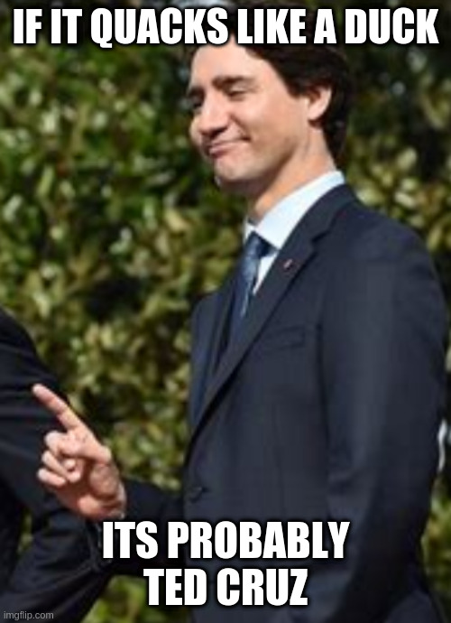 hes from canada | IF IT QUACKS LIKE A DUCK; ITS PROBABLY TED CRUZ | image tagged in one thing,justin trudeau | made w/ Imgflip meme maker