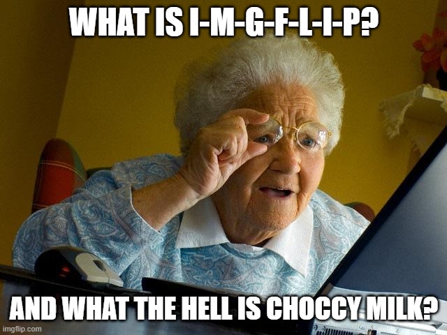 when you lend your grandma your pc to email her friend... | WHAT IS I-M-G-F-L-I-P? AND WHAT THE HELL IS CHOCCY MILK? | image tagged in memes,grandma finds the internet | made w/ Imgflip meme maker