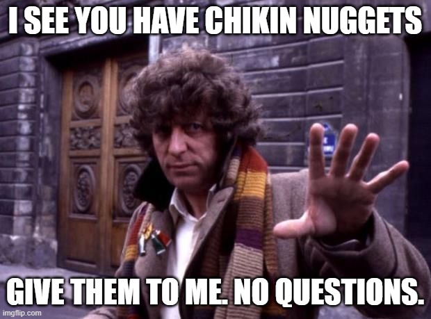 lol | I SEE YOU HAVE CHIKIN NUGGETS; GIVE THEM TO ME. NO QUESTIONS. | image tagged in dr who no questions | made w/ Imgflip meme maker