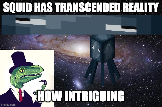 God Religion Universe | SQUID HAS TRANSCENDED REALITY; HOW INTRIGUING | image tagged in god religion universe | made w/ Imgflip meme maker