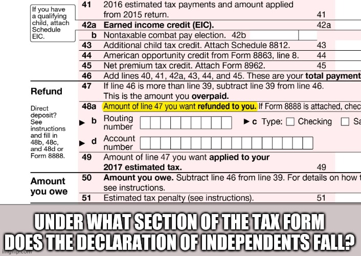 1040 tax form | UNDER WHAT SECTION OF THE TAX FORM DOES THE DECLARATION OF INDEPENDENTS FALL? | image tagged in 1040 tax form | made w/ Imgflip meme maker
