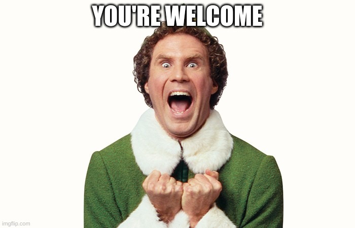 Buddy the elf excited | YOU'RE WELCOME | image tagged in buddy the elf excited | made w/ Imgflip meme maker