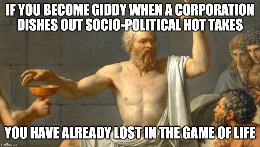 The Philosopher | IF YOU BECOME GIDDY WHEN A CORPORATION DISHES OUT SOCIO-POLITICAL HOT TAKES; YOU HAVE ALREADY LOST IN THE GAME OF LIFE | image tagged in the philosopher | made w/ Imgflip meme maker