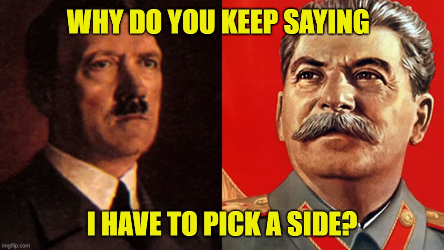 Pick A Side | WHY DO YOU KEEP SAYING; I HAVE TO PICK A SIDE? | image tagged in hard choice to make | made w/ Imgflip meme maker