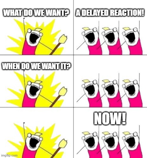 Happy New Years Everybody! | WHAT DO WE WANT? A DELAYED REACTION! WHEN DO WE WANT IT? NOW! | image tagged in memes,funny,what do we want 3,what do we want,reaction,funny memes | made w/ Imgflip meme maker