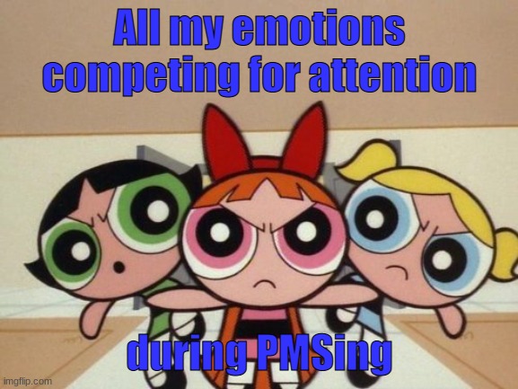 All girls understand | All my emotions competing for attention; during PMSing | image tagged in powerpuff girls are mad at who,periods | made w/ Imgflip meme maker