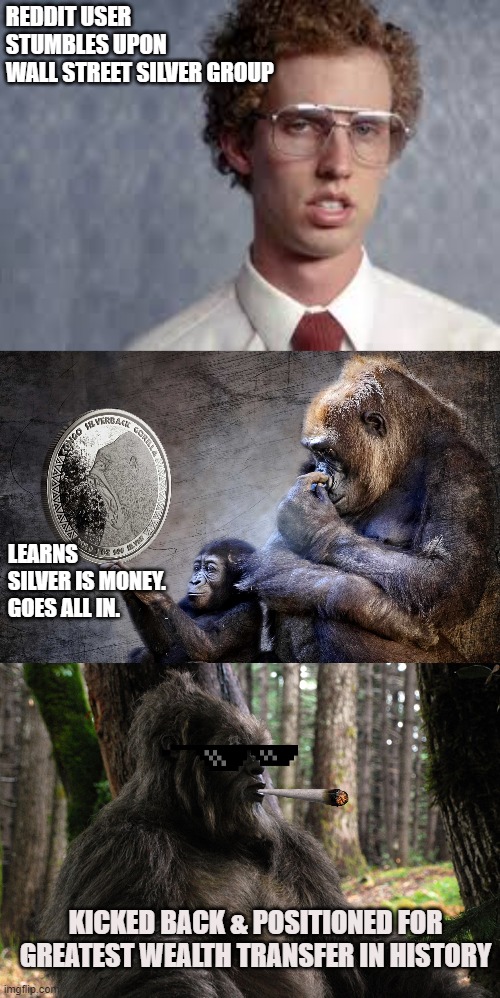 REDDIT USER 
STUMBLES UPON 
WALL STREET SILVER GROUP; LEARNS SILVER IS MONEY. GOES ALL IN. KICKED BACK & POSITIONED FOR GREATEST WEALTH TRANSFER IN HISTORY | image tagged in Wallstreetsilver | made w/ Imgflip meme maker