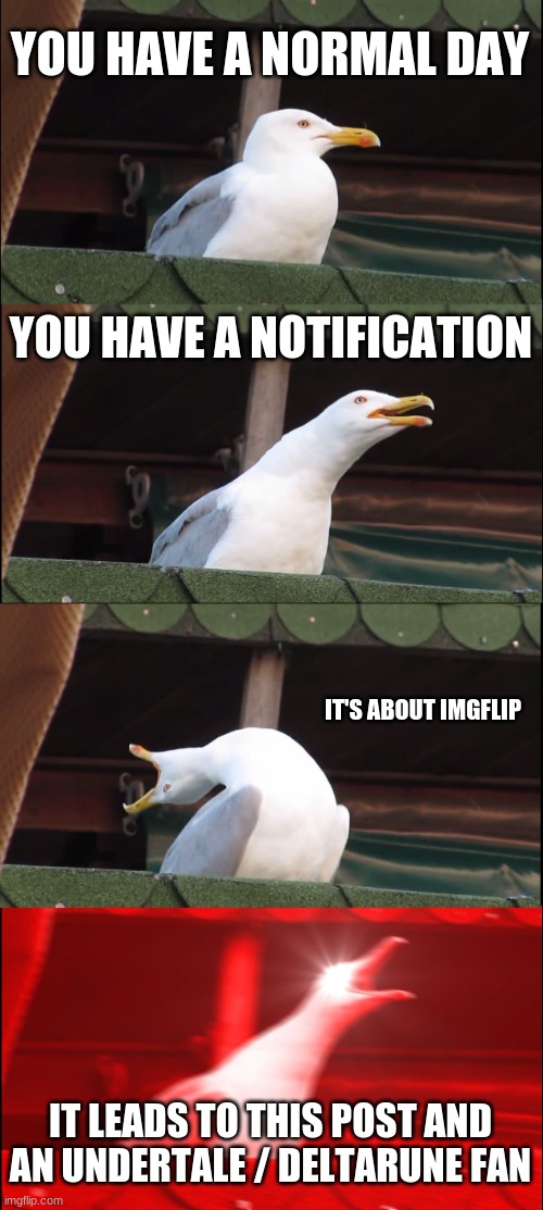 Inhaling Seagull Meme | YOU HAVE A NORMAL DAY YOU HAVE A NOTIFICATION IT'S ABOUT IMGFLIP IT LEADS TO THIS POST AND AN UNDERTALE / DELTARUNE FAN | image tagged in memes,inhaling seagull | made w/ Imgflip meme maker