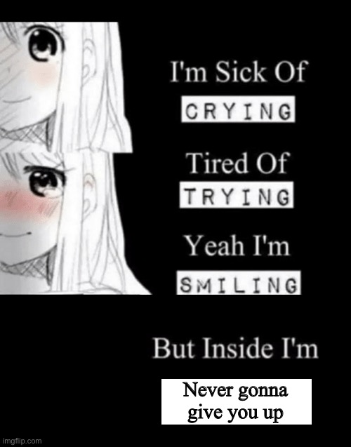 I'm Sick Of Crying | Never gonna give you up | image tagged in i'm sick of crying | made w/ Imgflip meme maker