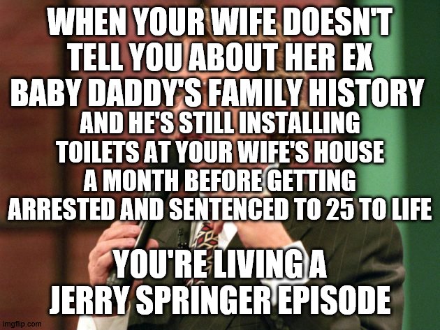 Jerry springer for the win | WHEN YOUR WIFE DOESN'T TELL YOU ABOUT HER EX BABY DADDY'S FAMILY HISTORY; AND HE'S STILL INSTALLING TOILETS AT YOUR WIFE'S HOUSE A MONTH BEFORE GETTING ARRESTED AND SENTENCED TO 25 TO LIFE; YOU'RE LIVING A JERRY SPRINGER EPISODE | image tagged in jerry springer trash tv host | made w/ Imgflip meme maker