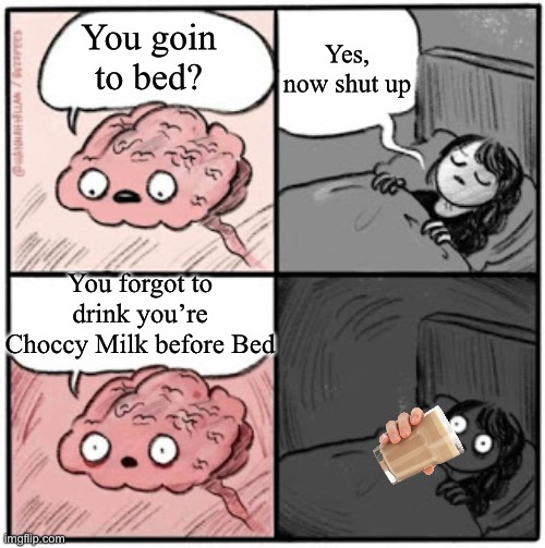 Always drink Choccy Milk before bed | Yes, now shut up; You goin to bed? You forgot to drink you’re Choccy Milk before Bed | image tagged in brain before sleep,bed,choccy milk,funny memes | made w/ Imgflip meme maker