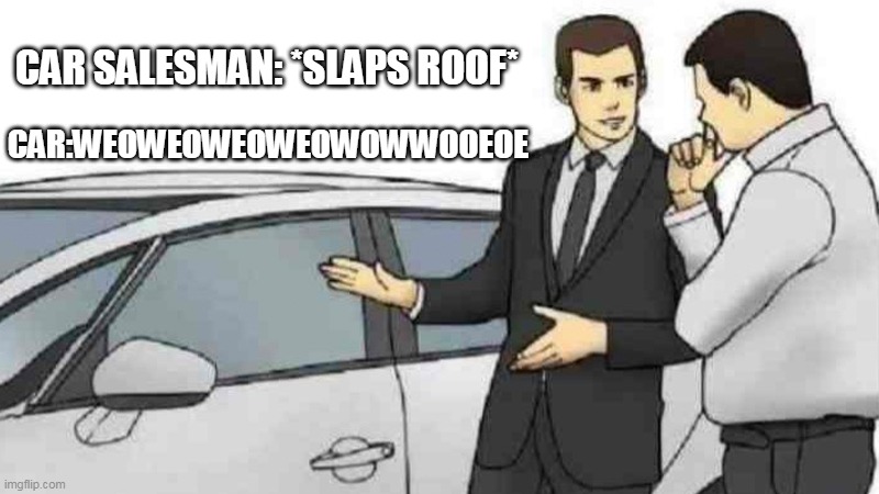 thx for viewing all of my memes heres new | CAR SALESMAN: *SLAPS ROOF*; CAR:WEOWEOWEOWEOWOWWOOEOE | image tagged in memes,car salesman slaps roof of car | made w/ Imgflip meme maker