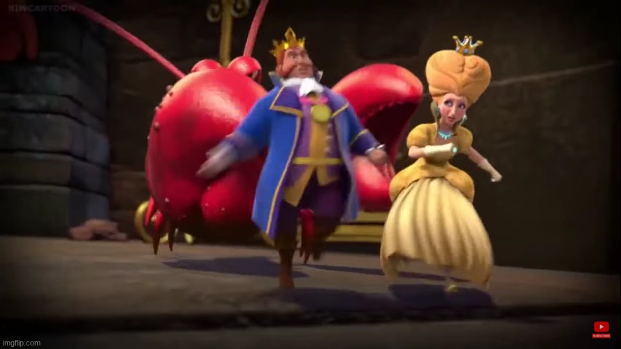 King Hector and Queen Abigail running from crayfish | image tagged in hector and abigail crayfish template,elena of avalor | made w/ Imgflip meme maker
