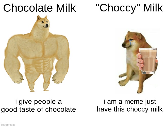 Buff Doge vs. Cheems | Chocolate Milk; "Choccy" Milk; i give people a good taste of chocolate; i am a meme just have this choccy milk | image tagged in memes,buff doge vs cheems,chocolate milk,choccy milk | made w/ Imgflip meme maker