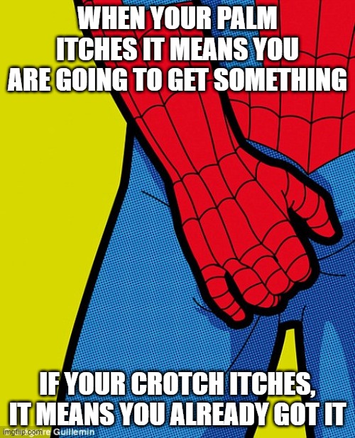 Scratcha Scratch | WHEN YOUR PALM ITCHES IT MEANS YOU ARE GOING TO GET SOMETHING; IF YOUR CROTCH ITCHES, IT MEANS YOU ALREADY GOT IT | image tagged in super jock itch | made w/ Imgflip meme maker