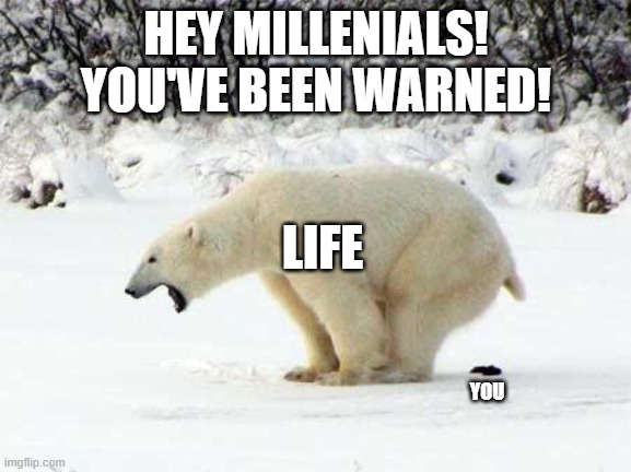 If you think life owes you anything, it will crap you out and leave you steaming in the snow. | HEY MILLENIALS! YOU'VE BEEN WARNED! LIFE; YOU | image tagged in millennials,pop culture,arrogance,life,funny memes,dark humor | made w/ Imgflip meme maker