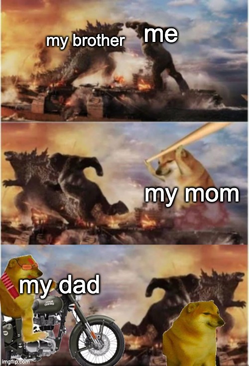that new movie is looking great | my brother; me; my mom; my dad | image tagged in godzilla,cheems | made w/ Imgflip meme maker