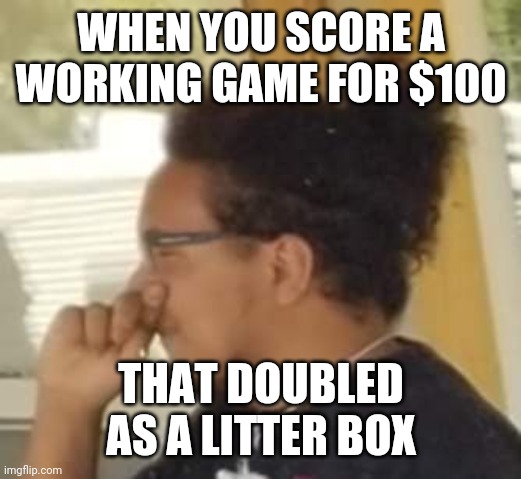 Stinoy nose pickin' | WHEN YOU SCORE A WORKING GAME FOR $100; THAT DOUBLED AS A LITTER BOX | image tagged in nose,stinky | made w/ Imgflip meme maker