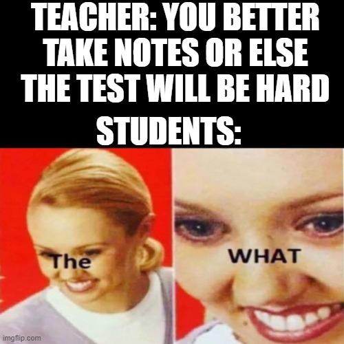 This actually happened to me XD | TEACHER: YOU BETTER TAKE NOTES OR ELSE THE TEST WILL BE HARD; STUDENTS: | image tagged in the what | made w/ Imgflip meme maker