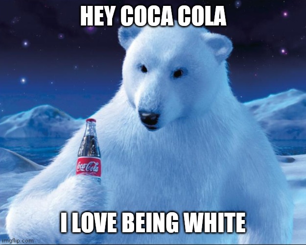 Polar bear | HEY COCA COLA; I LOVE BEING WHITE | image tagged in polar bear | made w/ Imgflip meme maker