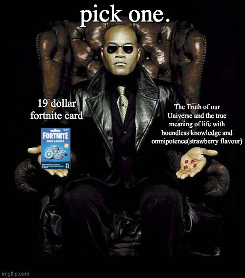 when will i get fucked? | pick one. The Truth of our Universe and the true meaning of life with boundless knowledge and omnipotence(strawberry flavour); 19 dollar fortnite card | image tagged in morpheus blue red pill,19 dollar fortnite card | made w/ Imgflip meme maker