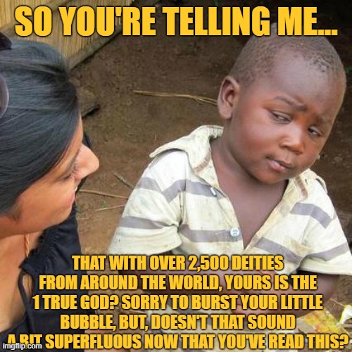 /so͞oˈpərflo͞oəs/ | SO YOU'RE TELLING ME... THAT WITH OVER 2,500 DEITIES FROM AROUND THE WORLD, YOURS IS THE 1 TRUE GOD? SORRY TO BURST YOUR LITTLE BUBBLE, BUT, DOESN'T THAT SOUND A BIT SUPERFLUOUS NOW THAT YOU'VE READ THIS? | image tagged in memes,third world skeptical kid,superfluous | made w/ Imgflip meme maker