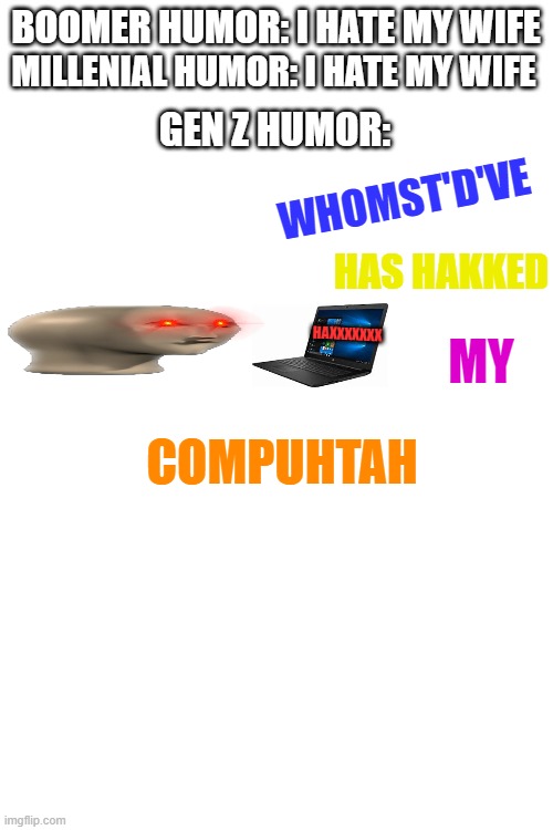 A n g e r y | BOOMER HUMOR: I HATE MY WIFE; MILLENIAL HUMOR: I HATE MY WIFE; GEN Z HUMOR:; WHOMST'D'VE; HAS HAKKED; HAXXXXXXX; MY; COMPUHTAH | image tagged in blank white template | made w/ Imgflip meme maker