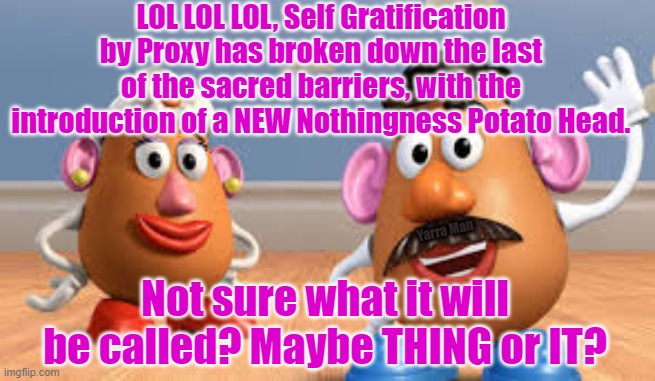 Mister, Missus, Miss, It Potato Head. | LOL LOL LOL, Self Gratification by Proxy has broken down the last of the sacred barriers, with the introduction of a NEW Nothingness Potato Head. Yarra Man; Not sure what it will be called? Maybe THING or IT? | image tagged in worldwide insanity | made w/ Imgflip meme maker