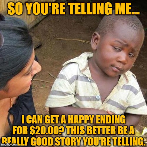 Really Good Story | SO YOU'RE TELLING ME... I CAN GET A HAPPY ENDING FOR $20.00? THIS BETTER BE A REALLY GOOD STORY YOU'RE TELLING. | image tagged in memes,third world skeptical kid,really good story | made w/ Imgflip meme maker