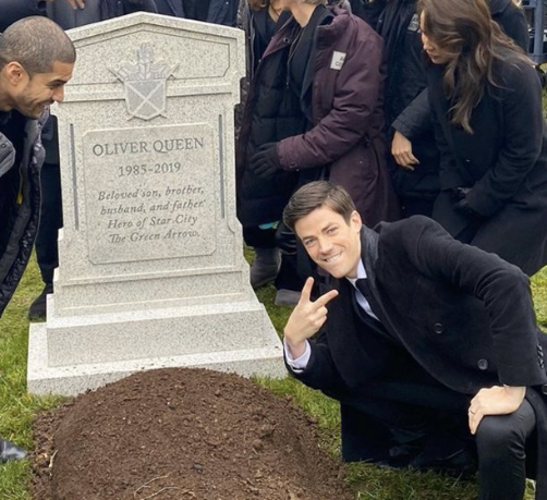 grant gustin over grave cropped headstone rip tombstone Blank Meme Template