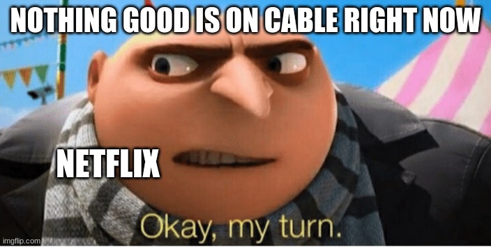 When cable fails... | NOTHING GOOD IS ON CABLE RIGHT NOW; NETFLIX | image tagged in okay my turn | made w/ Imgflip meme maker
