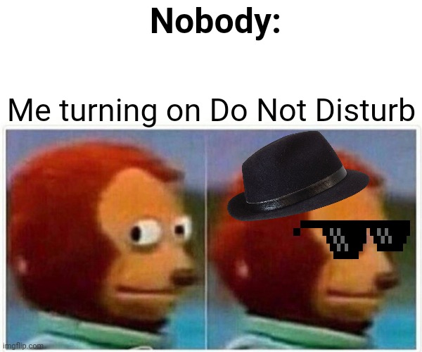 Incognito | Nobody:; Me turning on Do Not Disturb | image tagged in memes,monkey puppet | made w/ Imgflip meme maker