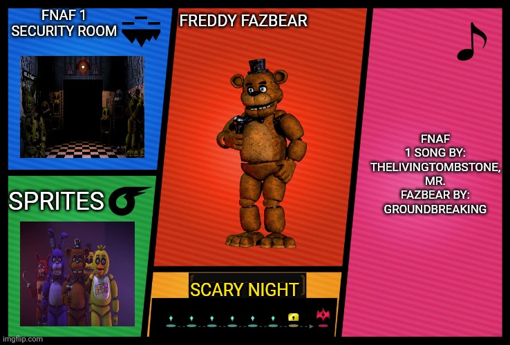 Who can come up with a move set for Freddy? (I'm new to the stream, but I hope u like this) | FNAF 1 SECURITY ROOM; FREDDY FAZBEAR; FNAF 1 SONG BY: THELIVINGTOMBSTONE, MR. FAZBEAR BY: GROUNDBREAKING; SPRITES; SCARY NIGHT | image tagged in smash ultimate dlc fighter profile | made w/ Imgflip meme maker