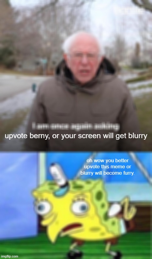 upvote or furry | upvote berny, or your screen will get blurry; oh wow you better upvote this meme or blurry will become furry. | image tagged in memes,bernie i am once again asking for your support,mocking spongebob | made w/ Imgflip meme maker