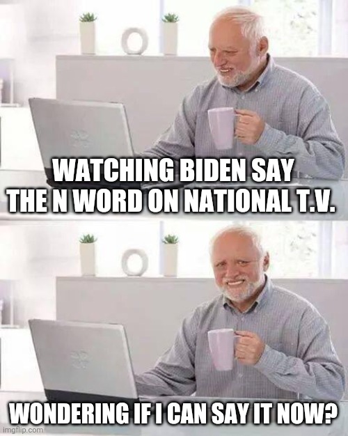 What happens now. | WATCHING BIDEN SAY THE N WORD ON NATIONAL T.V. WONDERING IF I CAN SAY IT NOW? | image tagged in memes,hide the pain harold,biden,tv,funny | made w/ Imgflip meme maker