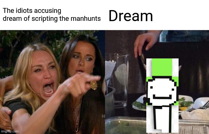 Woman Yelling At Cat | The idiots accusing dream of scripting the manhunts; Dream | image tagged in memes,woman yelling at cat | made w/ Imgflip meme maker