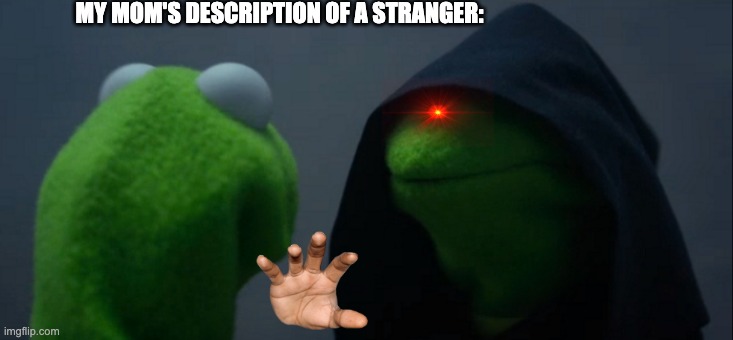 Evil Kermit | MY MOM'S DESCRIPTION OF A STRANGER: | image tagged in memes,evil kermit | made w/ Imgflip meme maker