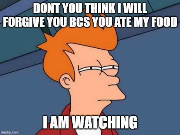 Me and My Brother Fight | DONT YOU THINK I WILL FORGIVE YOU BCS YOU ATE MY FOOD; I AM WATCHING | image tagged in memes,futurama fry | made w/ Imgflip meme maker