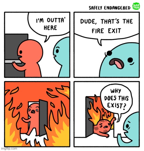 NEVER go out the fire exit | image tagged in comics,fire,unfunny | made w/ Imgflip meme maker