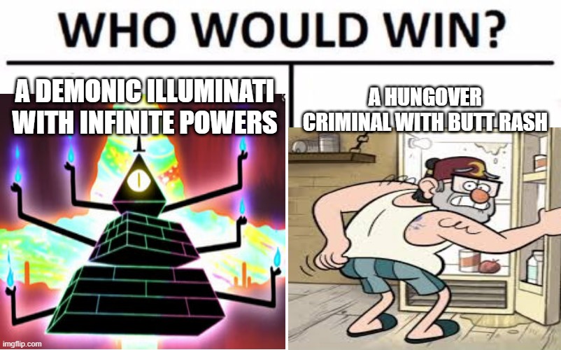 Stan has butt rash | A DEMONIC ILLUMINATI WITH INFINITE POWERS; A HUNGOVER CRIMINAL WITH BUTT RASH | image tagged in memes | made w/ Imgflip meme maker