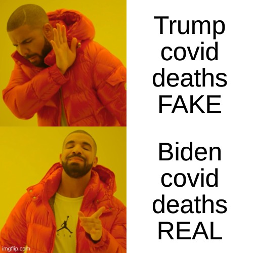 selective hearing | Trump
covid
deaths
FAKE; Biden
covid
deaths
REAL | image tagged in drake hotline bling,fox news alert,covid-19,death,statistics,conservative hypocrisy | made w/ Imgflip meme maker