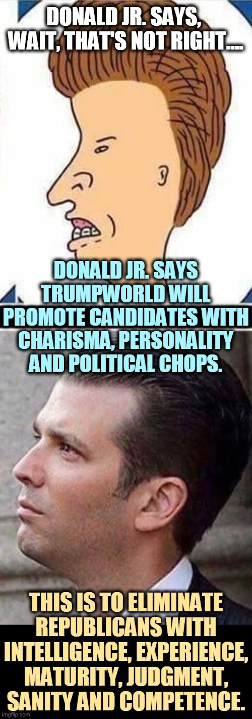 First things first. | DONALD JR. SAYS, 

WAIT, THAT'S NOT RIGHT.... DONALD JR. SAYS TRUMPWORLD WILL PROMOTE CANDIDATES WITH CHARISMA, PERSONALITY AND POLITICAL CHOPS. THIS IS TO ELIMINATE REPUBLICANS WITH INTELLIGENCE, EXPERIENCE, MATURITY, JUDGMENT, SANITY AND COMPETENCE. | image tagged in trump,republicans,empty,personality | made w/ Imgflip meme maker