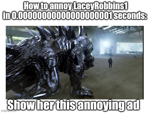 I'm joking, DO NOT ATTEMPT THIS AT ALL (she's probably annoyed enough) | How to annoy LaceyRobbins1 in 0.00000000000000000001 seconds:; Show her this annoying ad | made w/ Imgflip meme maker