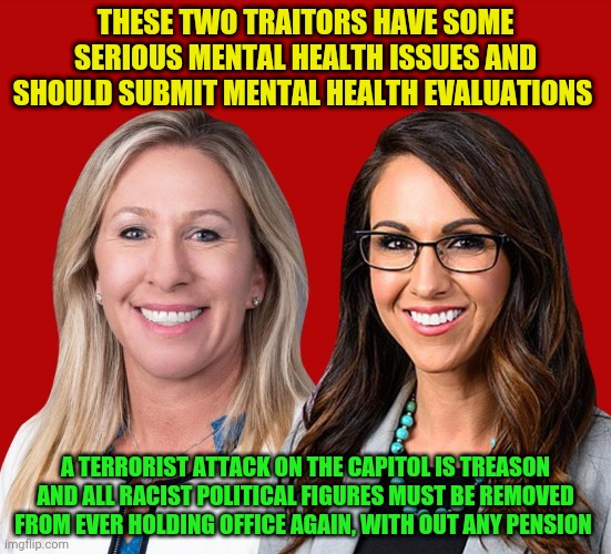 Greene and Boebert | THESE TWO TRAITORS HAVE SOME SERIOUS MENTAL HEALTH ISSUES AND SHOULD SUBMIT MENTAL HEALTH EVALUATIONS; A TERRORIST ATTACK ON THE CAPITOL IS TREASON AND ALL RACIST POLITICAL FIGURES MUST BE REMOVED FROM EVER HOLDING OFFICE AGAIN, WITH OUT ANY PENSION | image tagged in greene and boebert | made w/ Imgflip meme maker
